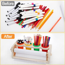 Wooden Tabletop Paper Roll Dispenser Art Paper Roll Holder with 1 Roll Paper, 4 Pencil Cups for Drawing Graffiti Art