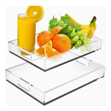 Set of 2 Clear Acrylic Serving Tray, 16" X 12" & 15.4" X 11.9" Decorative Serving Trays with Handles, Clear Luxury Trays