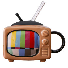 Kaffeetassen-Set Aus Keramik, Quadratisch, mit Strohhalm und Deckel, Teetasse Fürs Büro, Retro-TV - Schokolade