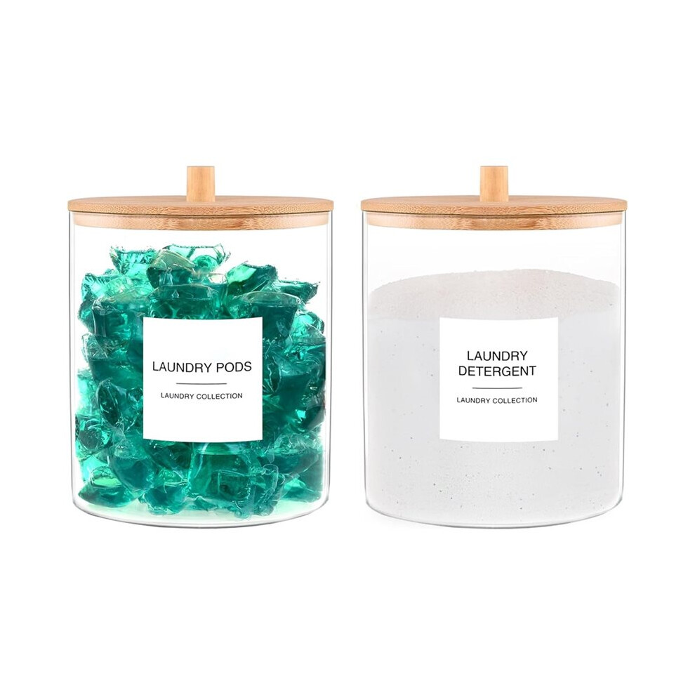 Saudism 2Pcs Laundry Room Glass Jars Set With Bamboo Lid, Includes 24 Labels For Organized Detergent Storage