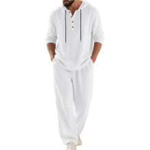 Men'S Linen Blend 2 Piece Outfit Hooded Henley Shirt Drawstring Wide Leg Pants Set White XL