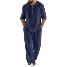 Men'S Linen Blend 2 Piece Outfit Hooded Henley Shirt Drawstring Wide Leg Pants Set Dark S