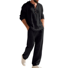 Men'S Linen Blend 2 Piece Outfit Hooded Henley Shirt Drawstring Wide Leg Pants Set Black M