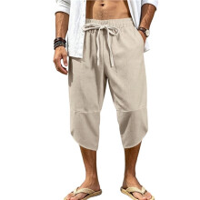 Mens Casual Pants Cropped Harem Pants Loose Fit Baggy Pants Light Weight Beach Yoga Trousers Khaki M