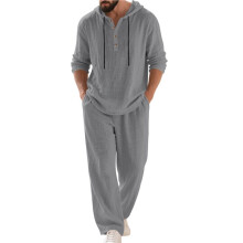 Men'S Linen Blend 2 Piece Outfit Hooded Henley Shirt Drawstring Wide Leg Pants Set Gray M