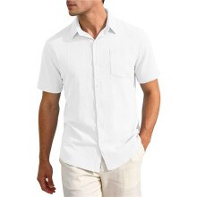 Men'S Textured Crinkle Fabric Short Sleeve Button Down Casual Shirt with Pocket White S