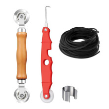 Fly Screen Repair Set Tool Double Wheel Sealing Roller with Wooden Handle Rubber Piping Tape Removal Hook Clip 4 Pack