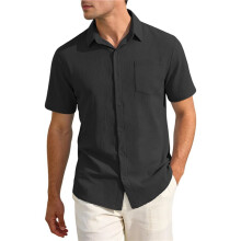 Men'S Textured Crinkle Fabric Short Sleeve Button Down Casual Shirt with Pocket Black XL