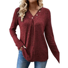 Womens Sweaters V Neck Button Long Sleeve Ribbed Tops Spring with Fall Outfits Rose Red XXL