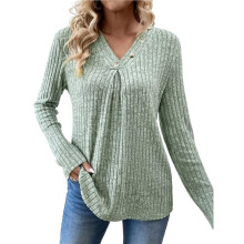 Womens Sweaters V Neck Button Long Sleeve Ribbed Tops Spring with Fall Outfits Light Green M