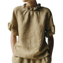 T-Shirts Décontractés à Manches Courtes pour Femmes, Été, à Volants, Col Rond , Coupe Ample Kaki M