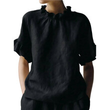 T-Shirts Décontractés à Manches Courtes pour Femmes, Été, à Volants, Col Rond , Coupe Ample Noir XXL