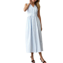 Women Sleeveless Shirt Dress Collar Striped V Neck Casual Midi Dresses Light S