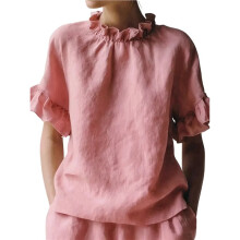 T-Shirts Décontractés à Manches Courtes pour Femmes, Été, à Volants, Col Rond , Coupe Ample Rose XXL