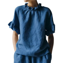 T-Shirts Décontractés à Manches Courtes pour Femmes, Été, à Volants, Col Rond , Coupe Ample Bleu Marine XL