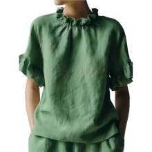 T-Shirts Décontractés à Manches Courtes pour Femmes, Été, à Volants, Col Rond , Coupe Ample Vert Émeraude M