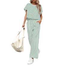 Randigt 2-Delat Set med Korta Ärmar, T-Shirts, Vida Byxor, Matchande Loungeset med Fickor, Dammodell Ljusgrön L