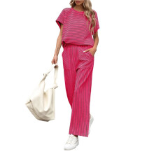 Randigt 2-Delat Set med Korta Ärmar, T-Shirts, Vida Byxor, Matchande Loungeset med Fickor, Dammodell Glitter S