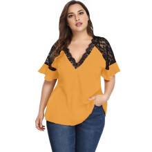 Women'S for  Size Flounce Short Sleeve Work Lace Deep V Neck Elegant Blouse Yellow XL