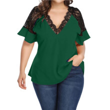 Women'S for  Size Flounce Short Sleeve Work Lace Deep V Neck Elegant Blouse Green XXXL