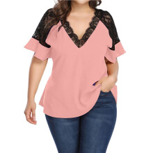 Women'S for  Size Flounce Short Sleeve Work Lace Deep V Neck Elegant Blouse  L
