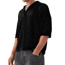 Herren-Häkelstrickhemd, Kurzarm, mit Lochmusterkragen, Sommerhemd, Vintage-Urlaubskleidung Schwarz XXL