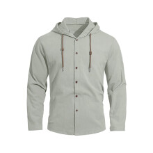 Langarm-Leinenhemd für Herren mit Knopfleiste, Sommerliches, Lässiges Strandhemd im Hawaii-Stil, Leichte Kapuzenpullover Grau XXXL