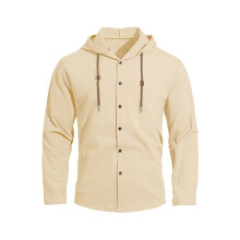 Men Linen Long Sleeve Button Down Shirt Summer Casual Hawaiian Beach Tops Light-Weight Hoodies Khaki XXXL