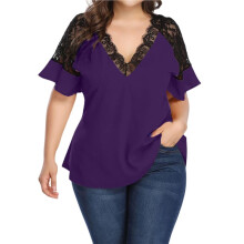 Women'S for Size Flounce Short Sleeve Work Lace Deep V Neck Elegant Blouse 4XL