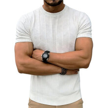Men'S Crew Neck Vertical Stripe Short Sleeve Knit T-Shirt White XXL