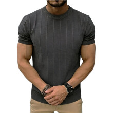 Men'S Crew Neck Vertical Stripe Short Sleeve Knit T-Shirt Gray XXL
