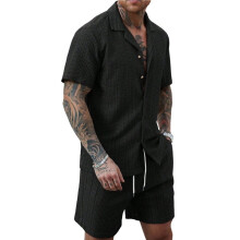 Men'S Camp Collar Jacquard Button Shirt and Drawstring Shorts Two Piece Outfit Black XL