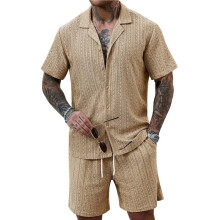 Men'S Camp Collar Jacquard Button Shirt and Drawstring Shorts Two Piece Outfit Khaki L