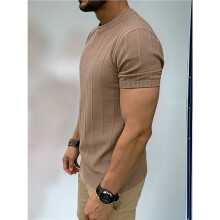 Men'S Crew Neck Vertical Stripe Short Sleeve Knit T-Shirt Apricot Color XL
