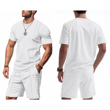 Men'S Crew Neck Short Sleeve T-Shirt and Drawstring Shorts Two Piece Set White XXL