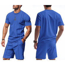Men'S Crew Neck Short Sleeve T-Shirt and Drawstring Shorts Two Piece Set Royal L
