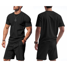 Men'S Crew Neck Short Sleeve T-Shirt and Drawstring Shorts Two Piece Set Black XXL