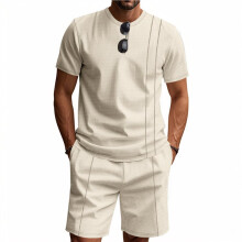 Men'S Crew Neck Short Sleeve T-Shirt and Drawstring Shorts Two Piece Set Khaki S