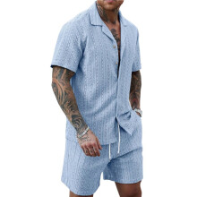 Men'S Camp Collar Jacquard Button Shirt and Drawstring Shorts Two Piece Outfit Light M