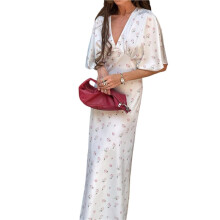 Women'S Short Sleeve Center Ruched Printed Dress White M