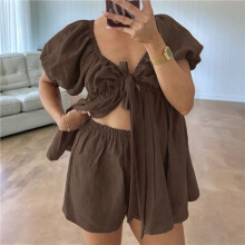 Women 2 Piece Short Sets Puff Short Sleeve V Neck Tie Front Tops Wide Leg Shorts Sets Brown M