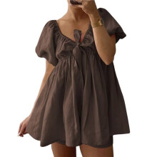 Women 2 Piece Short Sets Puff Short Sleeve V Neck Tie Front Tops Wide Leg Shorts Sets Brown S