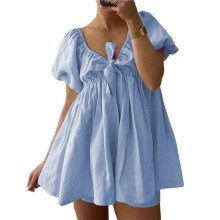 Women 2 Piece Short Sets Puff Short Sleeve V Neck Tie Front Tops Wide Leg Shorts Sets L