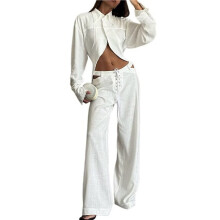 Women'S 2 Piece Outfits Button Down Crop Tops and High Waisted Pants Set White M