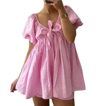 Women 2 Piece Short Sets Puff Short Sleeve V Neck Tie Front Tops Wide Leg Shorts Sets M