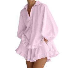 Women 2 Piece Outfits Long Sleeve Button Down Blouse and Shorts Sets M