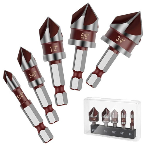 5PCS Countersink Drill Bit Set, 82 Degree HSS Counter Sink Drill Bit for Wood, Metal, Plastic Countersink Bit Set 1
