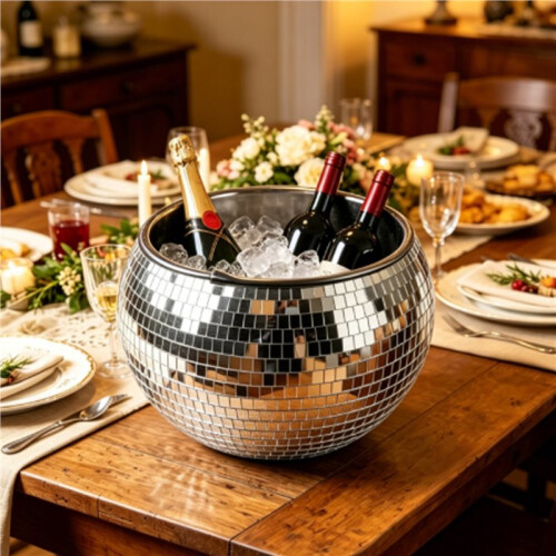Balde de Gelo de 10 Polegadas com Bola de Discoteca, Prateado, Brilhante, para Vinho, Bebidas, Refrigerador de Bebidas para Festas 2