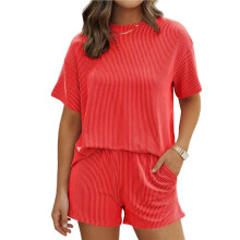 Kort Set för Kvinnor 2-Delad Loungeuppsättning Lös Passform Kortärmade Toppar och Shorts Sommar Matchande Set Röd XL