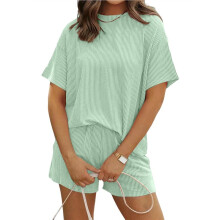 Kort Set för Kvinnor 2-Delad Loungeuppsättning Lös Passform Kortärmade Toppar och Shorts Sommar Matchande Set Ljusgrön XL